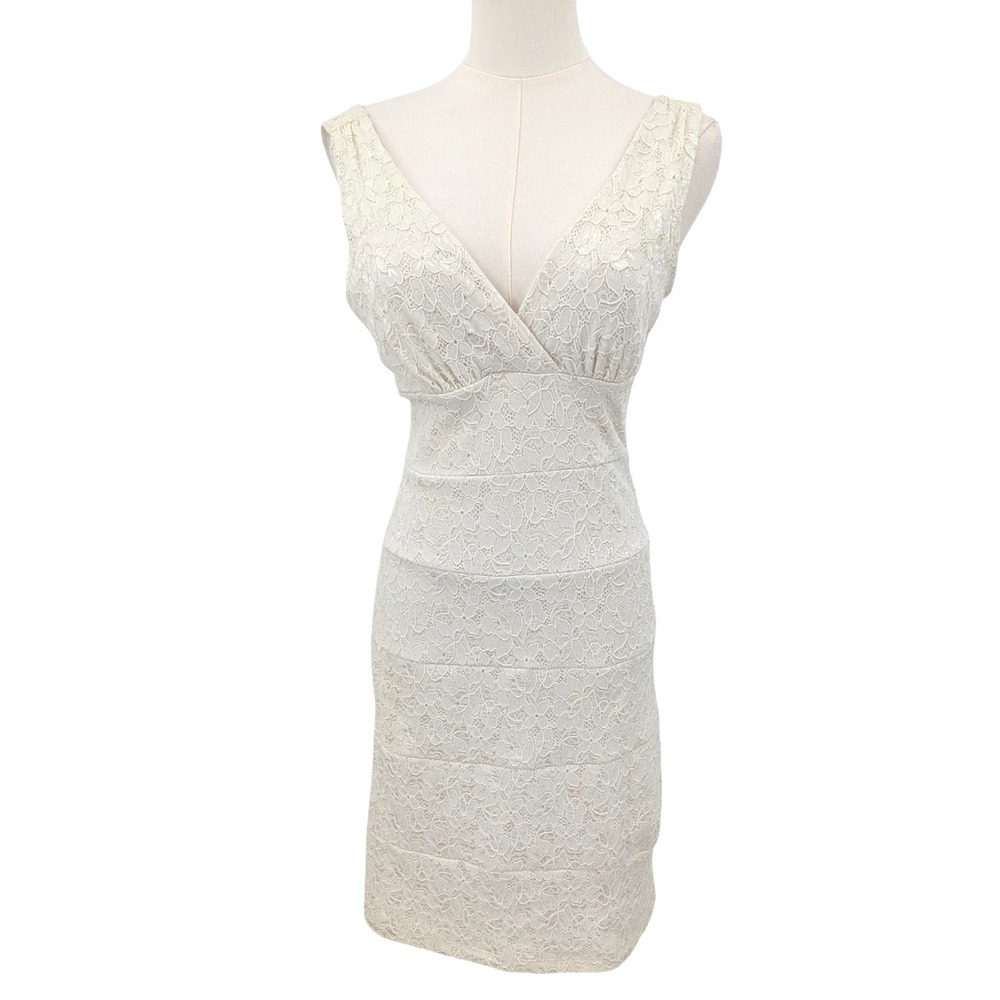 Enfocus Studio Ivory Lace Wrap V-Neck Sheath Dress Fits Like Size 4 Sthretch‎